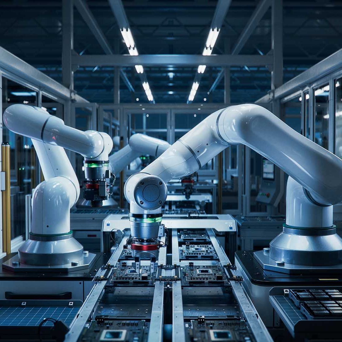 Manufacturing Automation. Advanced High Precision Robot Arms on Automated PCB Assembly Line Inside Modern Electronics Factory. Electronic Devices Production Industry. Component Installation Process.